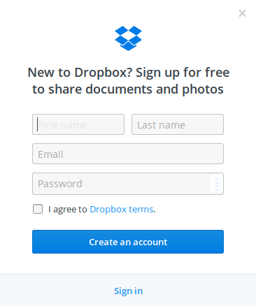 Dropbox sign-up page